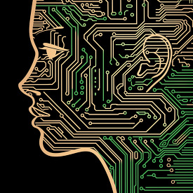 outline of a human face with Futuristic lines of circuitry desig