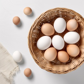 overhead view of eggs with different shades nestled in a basket
