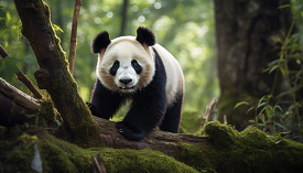 panda bear walks on a old tree stump in a forest