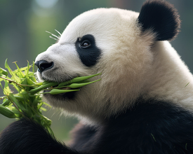 panda chewing on green vegetation