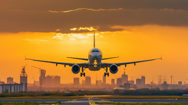 passengers airplane landing to airport runway at sunrise