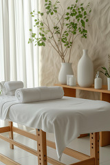 Peaceful spa setting with a massage table