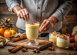 person garnishing a creamy fall drink with cinnamon