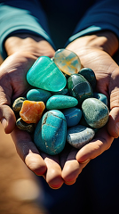 persons holding a collection of polished stones in their hand
