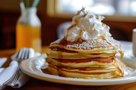 photo pancakes fluffy whipped cream and syrup on top