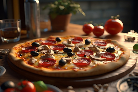 pizza with pepperoni olives and mushrooms on a wooden plate