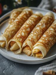 plate of four golden brown crepes filled with apple