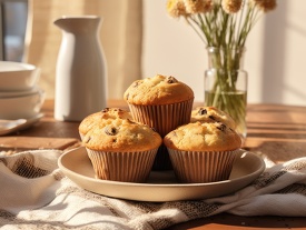 plate of muffins on a decorated table top