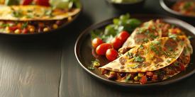 plate of quesadillas garnished with vibrant vegetables and cilan