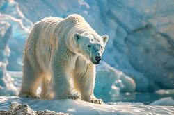 polar bear with thick white fur stands on an ice floe