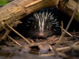 porcupine hiding under hallow logs