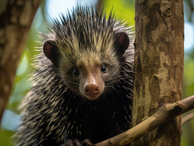 porcupine perches high in a tree within the tropical forest