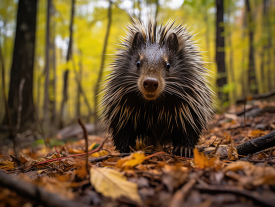 porcupine walking along the forest in the fall