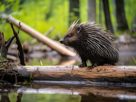 porcupine walking on a log in the forest