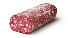 portion of salami with rich red color and white spots of fat