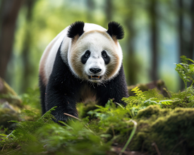 portrait of giant panda feeding on bamboo tree in nature habitat