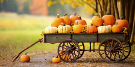 pumpkin filled wooden wagon on a farm on beautiful autumn day