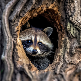 raccoon hiding a tree