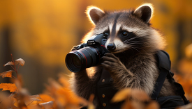 raccoon holding a camera looking through viewfinder