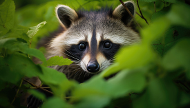 raccoon peeking out from behind some leaves