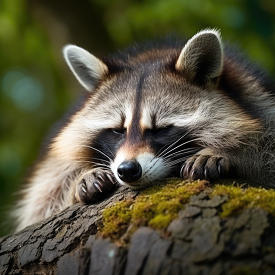 raccoon sleeping sleeps on a moss covered tree log