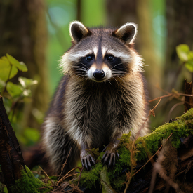 raccoon stands on a moss covered forest
