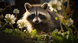 raccoon surrounded by flowers
