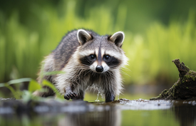 raccoon walking in a small stream