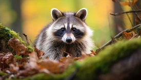 raccoon walking in fall folliage