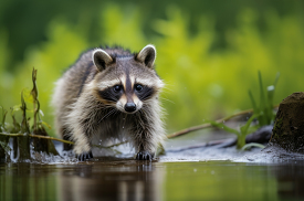 raccoon walking through a pond