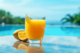 realistic mango juice glass on the background of blue water