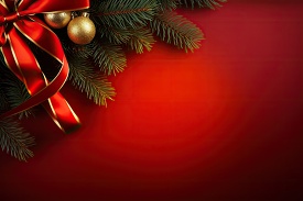 red holiday background with christmas tree branches and red bow