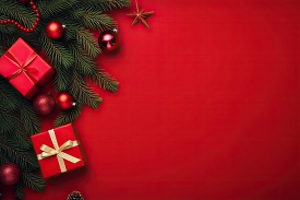 red holiday background with christmas tree decorations and gifts