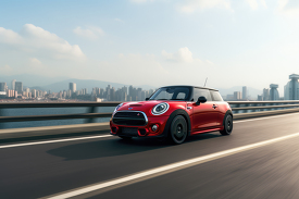 red mini coupe on a highway