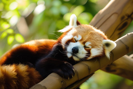 red panda curled up for a nap on a tree branch