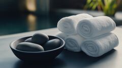 Relaxing Spa Setting With Soft Towels and Smooth Stones