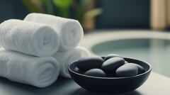 Relaxing Spa Setup With Towels and Smooth Stones