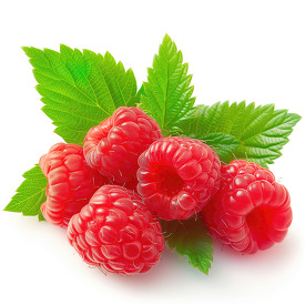 resh ripe raspberries with green leaves isolated on a white back