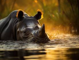 rhinoceros entering water source at sunrise