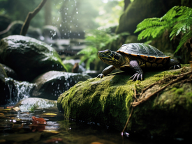 river turtle sunbathing on the lush green rock