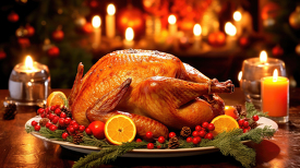 roast turkey with orange slices and red berries is surrounded by candles