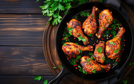 Roasted chicken drumsticks in a cast iron skillet garnished with