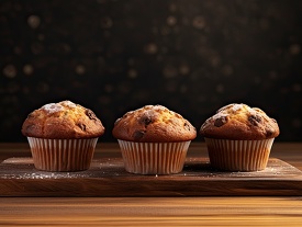 row of three freshly baked muffins sprinkled with sugar on woode