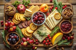 rustic charcuterie board filled with an assortment of cheeses