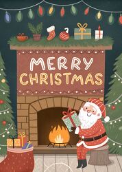 Santa sits by a fireplace holding a gift with a decorated tree l