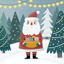 Santa stands in a snowy forest holding a basket of gifts