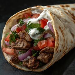 A delicious donair filled with grilled meat, diced tomatoes, onions, and fresh herbs, all drizzled with creamy sauce, displayed on a dark surface, inviting for a satisfying meal.