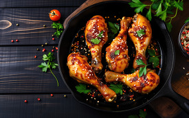 Savory roasted chicken legs with sesame and herbs in a black skillet