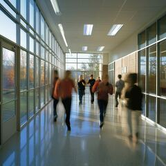 School Kids Running Through the Hallway During Lunchtime