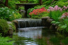 Serene garden with a flowing stream and vibrant flowers in a peaceful natural setting